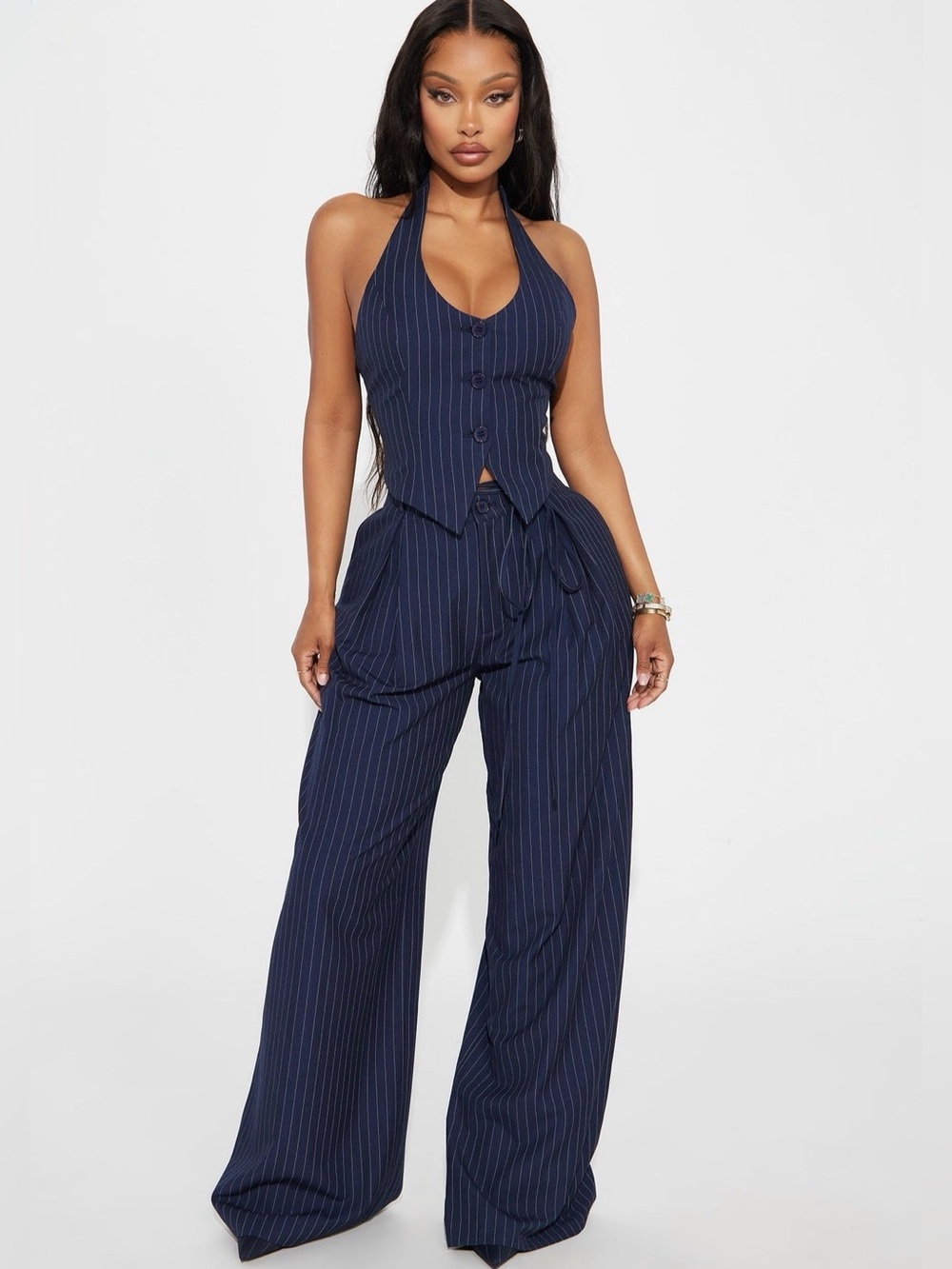 Fashion Nova Steph Vest Pinstripe Wide Leg Pant Set - Navy - Size M